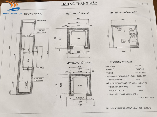 Kích thước giếng thang 1m x 1m vừa đủ cho 2 - 3 người sử dụng
