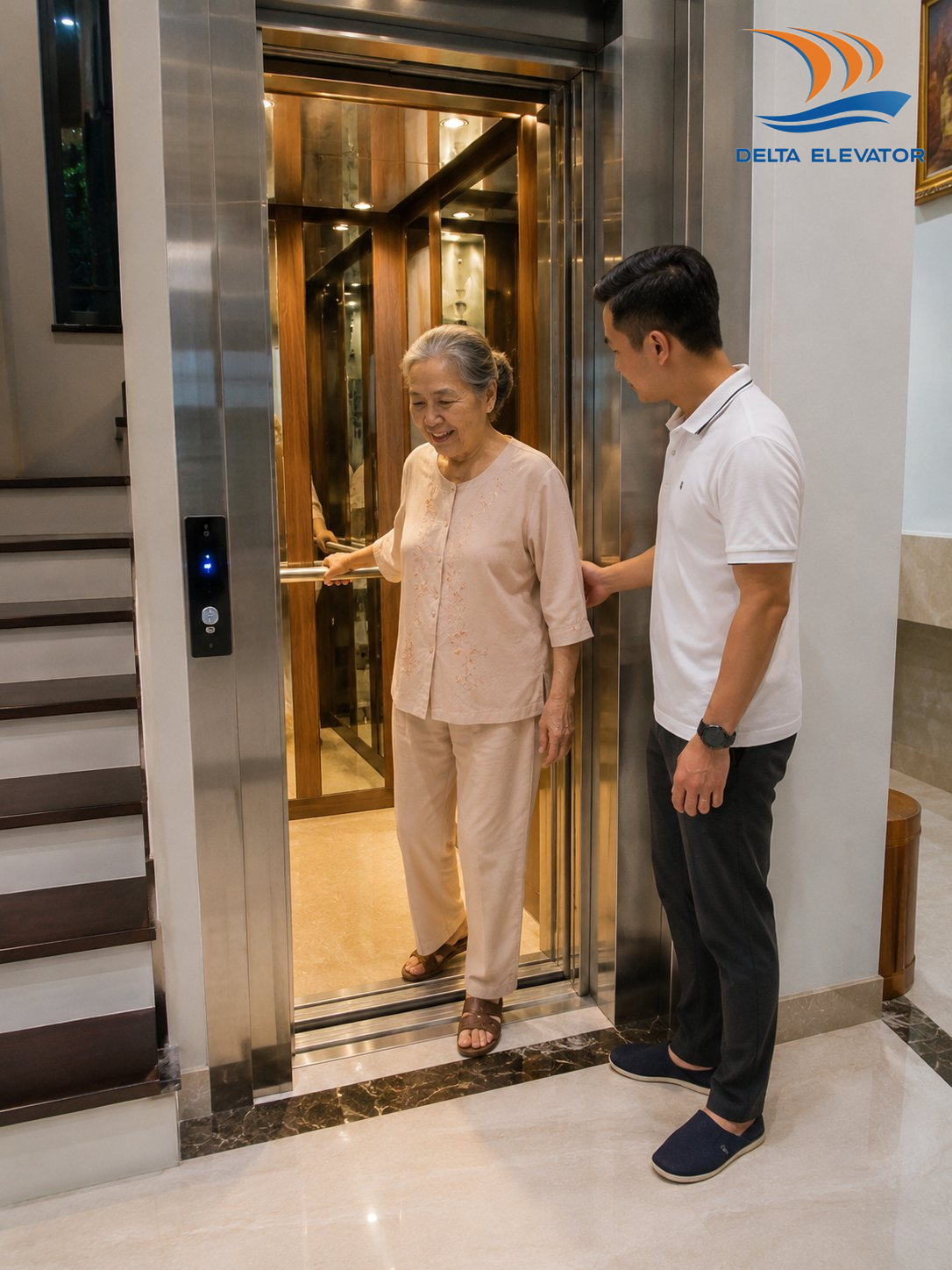 Thang máy gia đình an toàn cho người cao tuổi với tay vịn và nút bấm dễ sử dụng