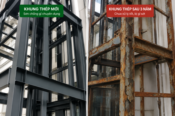Khung thép thang máy ngoài trời cần được sơn chống gỉ kỹ để hạn chế xuống cấp