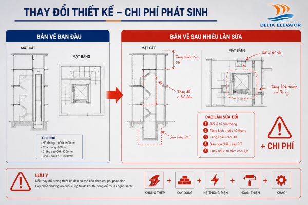 Thay đổi thiết kế giữa chừng làm phát sinh thêm chi phí lắp thang máy