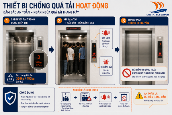 Thiết bị chống quá tải cảnh báo khi cabin vượt tải trọng cho phép