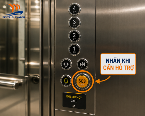 Nút khẩn cấp và chuông báo động trên bảng điều khiển cabin thang máy