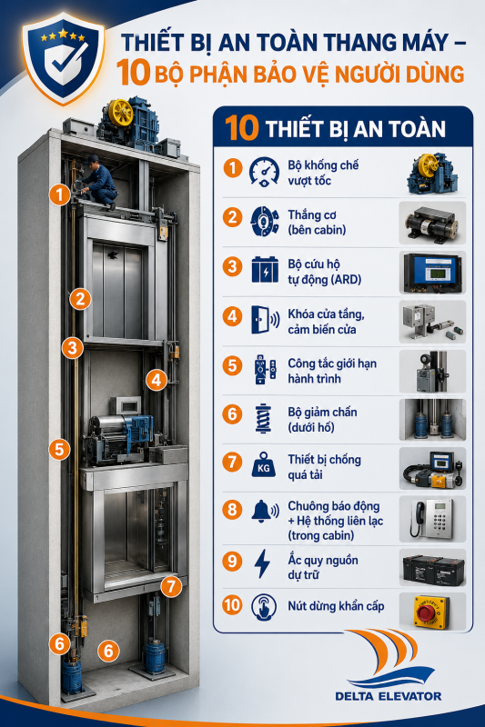 Thiết bị an toàn thang máy: 10 bộ phận giúp bảo vệ người dùng