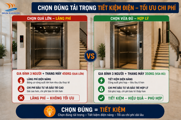 Chọn tải trọng lớn hơn nhu cầu làm tăng điện năng tiêu thụ thang máy
