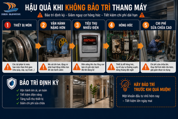 Không bảo trì thang máy định kỳ làm tăng điện năng tiêu thụ