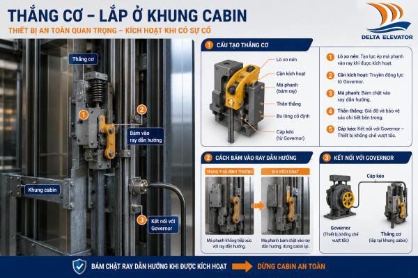 Thiết bị an toàn thang máy- Thắng cơ Safety Gear giúp dừng cabin an toàn khi có sự cố