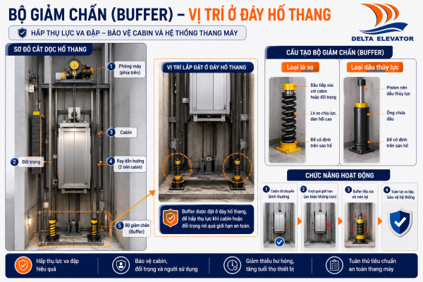 Bộ giảm chấn Buffer ở đáy hố thang hấp thụ lực va đập