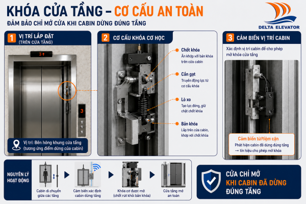 Khóa cửa tầng đảm bảo cửa chỉ mở khi cabin dừng đúng vị trí