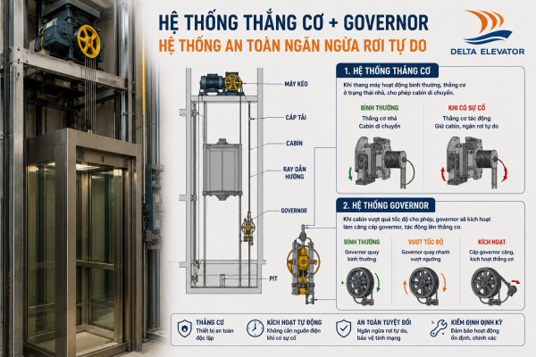 Hệ thống thắng cơ và governor ngăn ngừa cabin thang máy rơi tự do