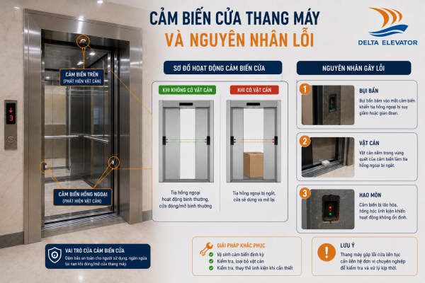 Lỗi cửa thang máy do bụi bẩn vật cản hoặc cảm biến hao mòn