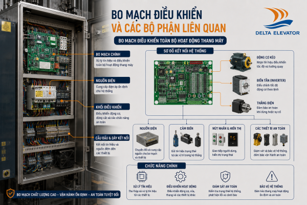 Hệ thống bo mạch điều khiển quản lý toàn bộ hoạt động thang máy