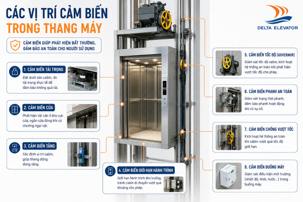Các vị trí cảm biến an toàn trên thang máy gia đình