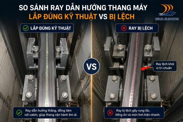 Ray dẫn hướng thang máy lắp đặt lệch là nguyên nhân phổ biến gây rung lắc