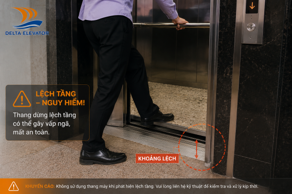 Thang máy lệch tầng gây bất tiện và mất an toàn khi ra vào cabin