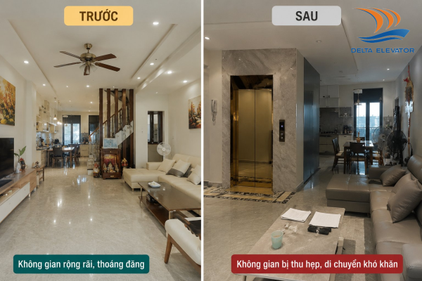 Thang máy quá lớn làm giảm không gian sinh hoạt của phòng khách và các khu vực chung