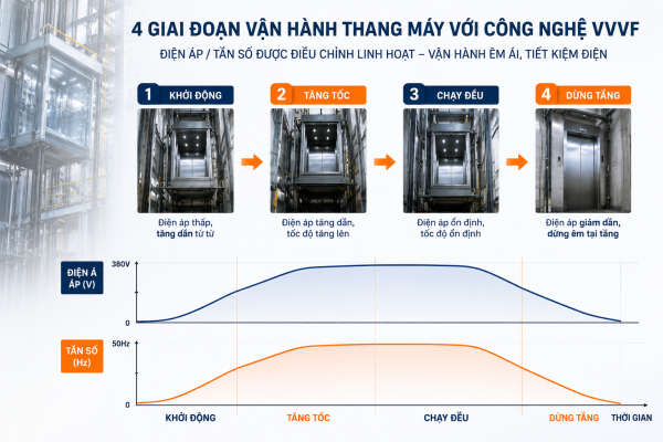 Bốn giai đoạn vận hành thang máy với công nghệ VVVF điều chỉnh điện áp linh hoạt