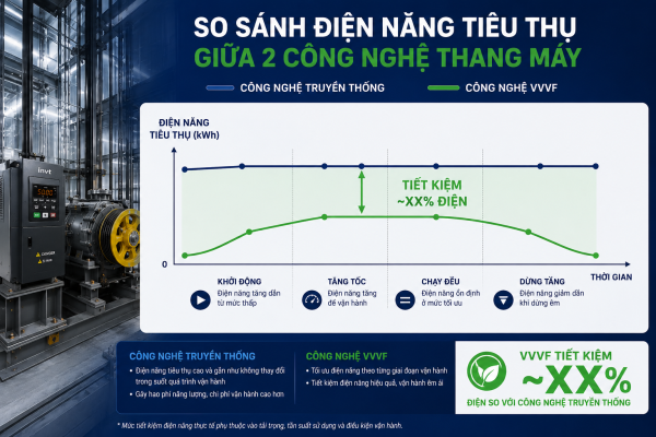 So sánh tiết kiệm điện giữa thang máy công nghệ VVVF và thang máy truyền thống