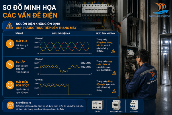 Lỗi hệ thống điện và nguồn cấp khiến thang máy hiển thị mã lỗi