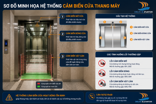 Lỗi cửa và cảm biến an toàn khiến thang máy tạm ngừng hoạt động