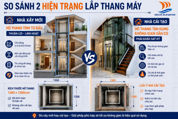 Nhà xây mới và nhà cải tạo có yêu cầu khác nhau về kích thước hố thang