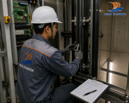 Kỹ thuật viên Delta thực hiện bảo trì định kỳ thang máy gia đình