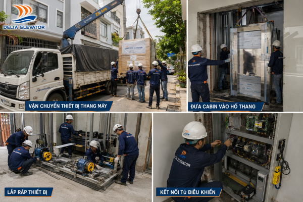 Đội thi công Delta vận chuyển và lắp đặt thiết bị thang máy gia đình
