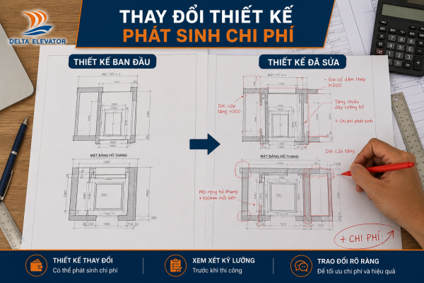 Thay đổi thiết kế trong quá trình thi công làm phát sinh thêm chi phí lắp thang máy