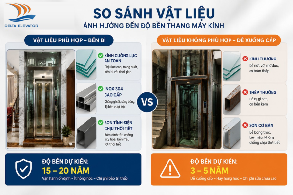 Lựa chọn vật liệu phù hợp với môi trường ảnh hưởng đến độ bền thang máy