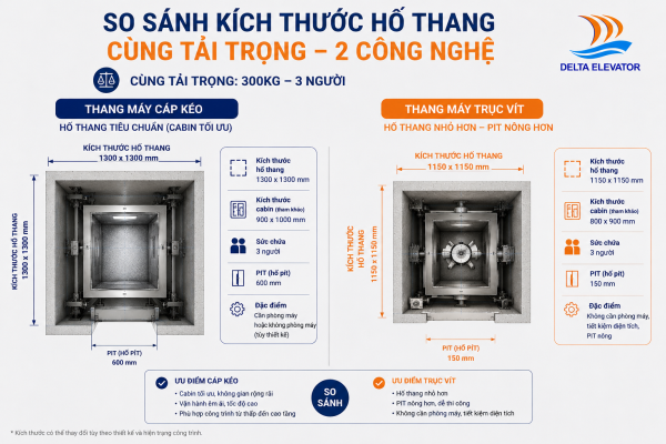 Loại thang máy ảnh hưởng đến kích thước hố thang yêu cầu