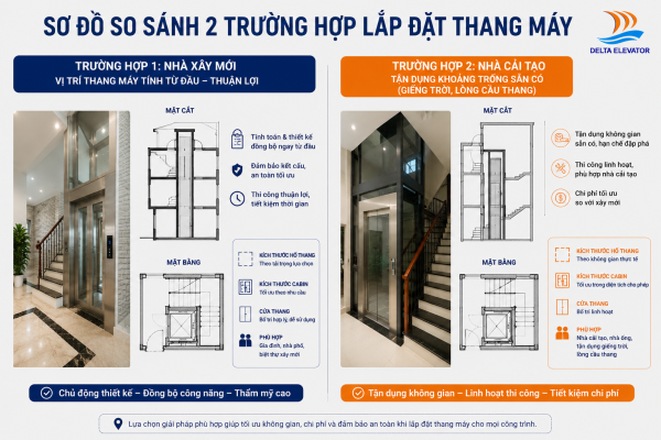 Nhà xây mới và nhà cải tạo có yêu cầu khác nhau về kích thước hố thang