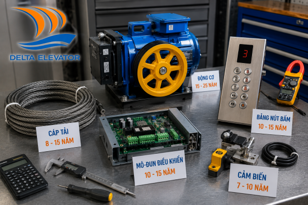 Các linh kiện chính của thang máy gia đình với tuổi thọ tương ứng