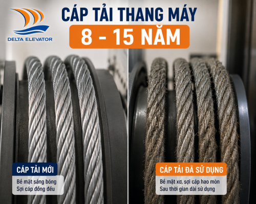 Cáp tải thang máy có tuổi thọ từ 8 đến 15 năm tùy điều kiện sử dụng