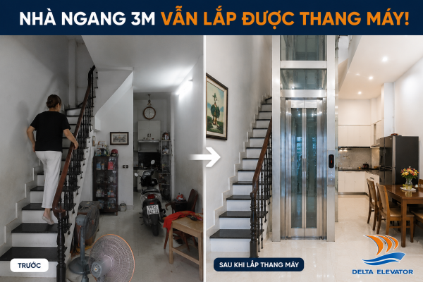 So sánh nhà ngang 3m trước và sau khi lắp thang máy gọn gàng