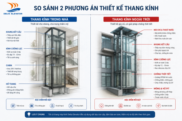 Thiết kế thang máy kính khác nhau giữa lắp trong nhà và ngoài trời
