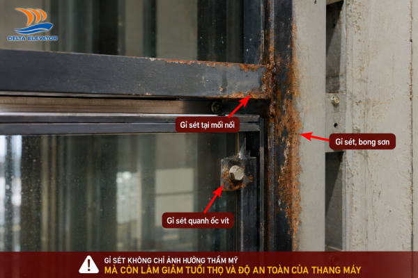 Khung thép thang máy có dấu hiệu gỉ sét cần kiểm tra và xử lý sớm