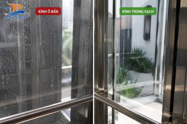 Kính thang máy bị ố vàng và khó làm sạch là dấu hiệu cần chăm sóc kỹ hơn