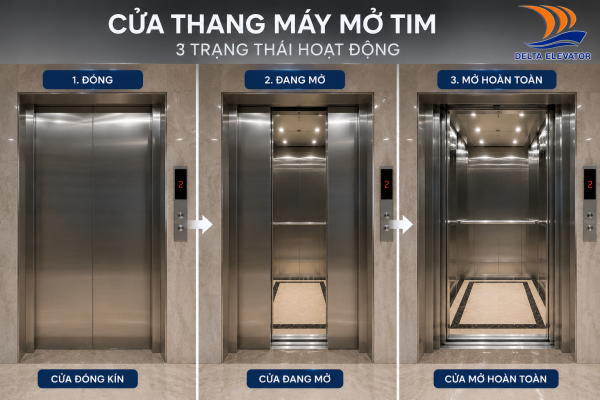 Thang máy cửa mở tim với hai cánh mở đều sang hai bên tạo lối ra vào rộng rãi