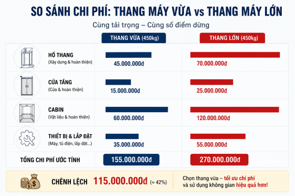 Chi phí xây dựng và lắp đặt tăng đáng kể với thang máy có kích thước lớn
