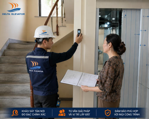 Kỹ thuật viên Delta khảo sát thực tế trước khi tư vấn kích thước thang máy phù hợp