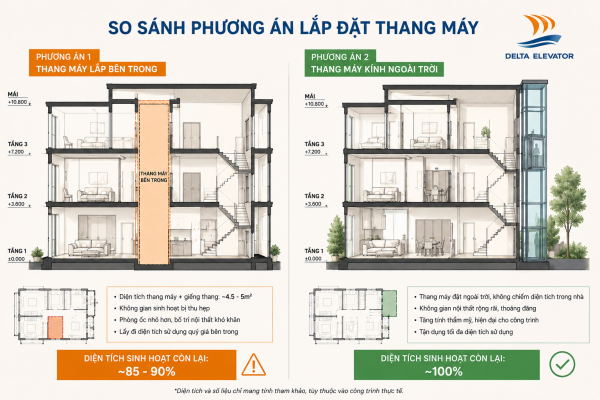 Thang máy kính ngoài trời giúp tối ưu không gian sinh hoạt bên trong nhà