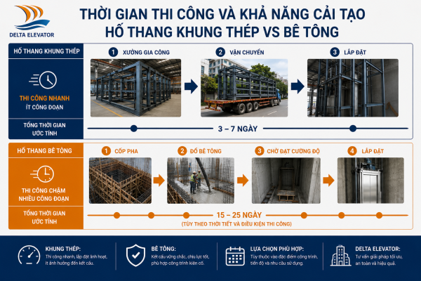 So sánh thời gian thi công hố thang khung thép và bê tông