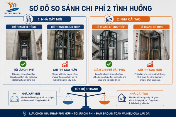 So sánh chi phí đầu tư hố thang khung thép và bê tông theo hiện trạng nhà