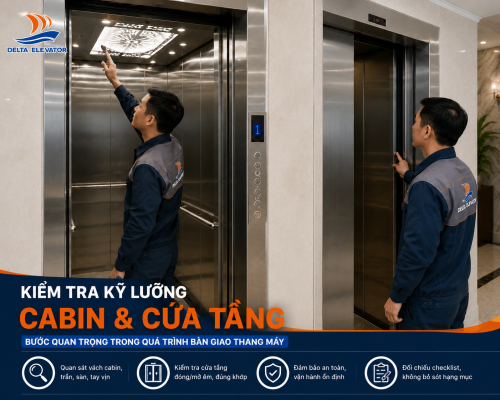 Kiểm tra ngoại quan cabin và cửa tầng thang máy khi bàn giao