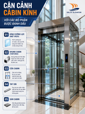 Cấu tạo chi tiết cabin kính thang máy gia đình với các bộ phận đánh dấu