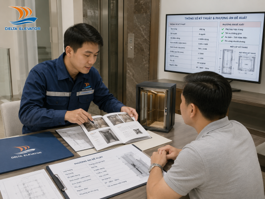 Đội ngũ Delta tư vấn giải pháp thang máy phù hợp sau khảo sát