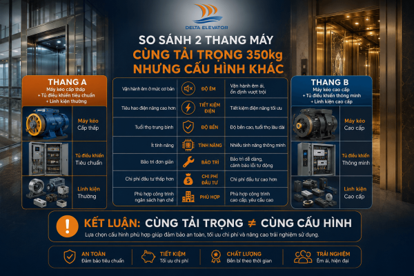 Hai thang máy cùng tải trọng nhưng cấu hình thiết bị bên trong khác nhau