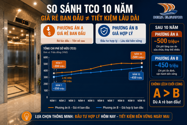 So sánh tổng chi phí sở hữu thang máy giữa hai phương án trong 10 năm