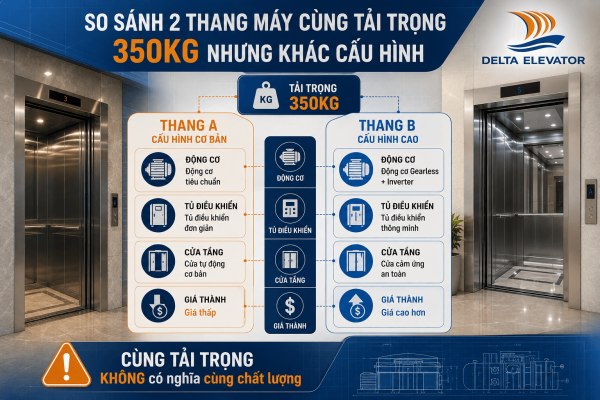 Hai thang máy cùng tải trọng nhưng khác cấu hình và công nghệ vận hành