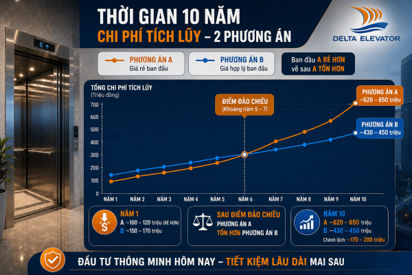 Biểu đồ 10 năm cho thấy giá thang máy rẻ ban đầu dẫn đến chi phí cao hơn về sau