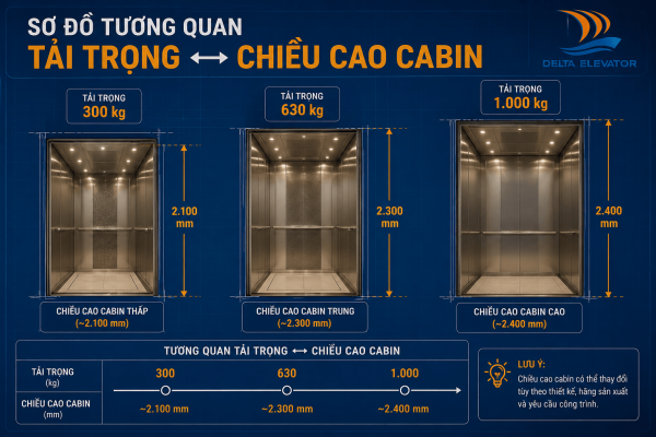 Tương quan giữa tải trọng thang máy và chiều cao cabin